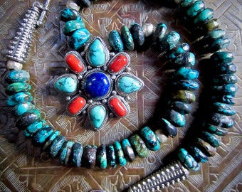 Vintage Himalayan Multi-Gem Pendant on Turquoise Bead Necklace