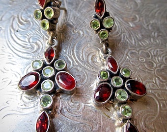 Handmade Silver, Garnet and Peridot Gemstone Dangle Earrings
