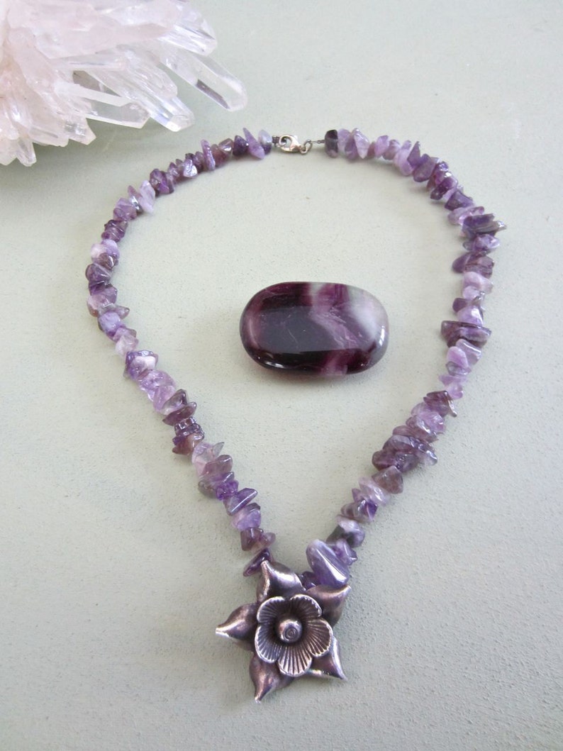 Amethyst and Smoky Quartz Choker with Handmade Silver Columbine Pendant image 2