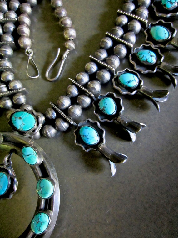 Small Squash Blossom Necklace Signed PG Navajo Turquoise Sterling 18in  Handmade | eBay