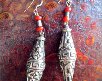 OOAK Tibetan Silver Lotus Bead and Antique Bead Earrings