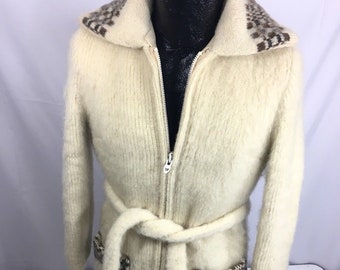 Vintage Vtg 60's 70's Women's Icewool NORDIC Icelandic Fairisle Belted Artic SHEEP Wool Dual Zipper LONG Coat Sweater Winter BoHo Jacket S