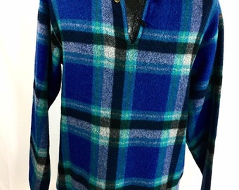Vtg 1940's 50's Penney's Sports Men Blue PLAID Pullover THICK Wool Flannel Hunting Logger Work Tunic Shirt CHORE Jacket M Medium