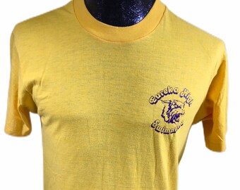 Vtg 80-90's H Wolf & Sons Yellow 50/50 T-Shirt EUREKA High School Swimming Team