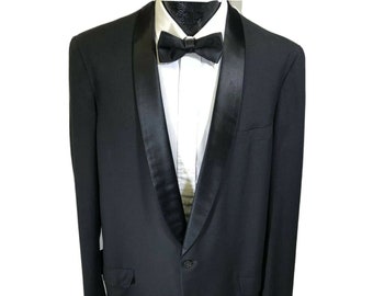 Vintage 50's Formal Guild Men's Black Tux Sport Coat ROCKABILLY Wool Tuxedo Silk SHAWL Collar Jacket Prom 44 XL