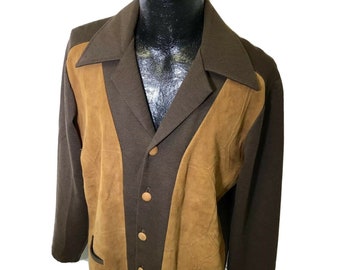 Vintage 50er Tundra Herren Braun STRICK Wolle Cardigan Goucho 2-ton Rockabilly Wildleder Leder Panel Pullover L
