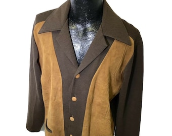 Vintage 50&#39;s Tundra Men Brown KNIT Wool Cardigan Goucho 2-Tone Rockabilly Suede LEATHER Panel Sweater L