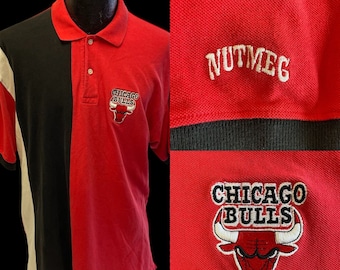 Vintage 90's Nutmeg Mills Men's Red Black CHICAGO BULLS Color Block Stripe Polo NBA Shirt L