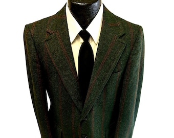 Vintage 60 70's Men's GREEN Sport Coat MoD COPPER STRIPE Jacket Wool Tweed Blazer