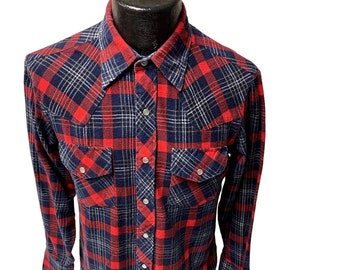 Vintage 80's Streets of Laredo Red Blue PLAID Cowboy Western FLANNEL Pearl Snap Shirt M