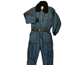 Vintage 70 80's Sears Work Leisure SHINY Blue Nylon Ski Suit SNOWSUIT Insulated Full Zip Snowmobile Worker Coveralls 44