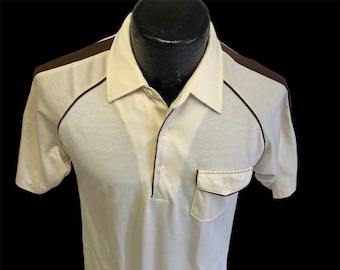 Vintage 80's Winner Mate Men's Cream Brown Golf Tennis Polo Surfer RETRO Shirt M