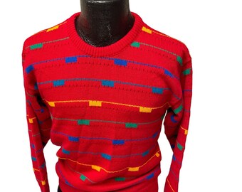 Vintage Trader Bay Red GEOMETRIC STRIPE Multicolor Knit Winter Retro Sweater USA S