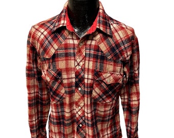 Vintage 60 80's Image Men Red Plaid Cowboy ROCKABILLY Western PEARL SNAP Wool Flannel Shirt