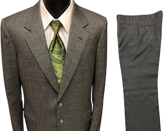 2 pc Brioni Italy Men's Gray HERRINGBONE Overcheck Roman Style Wool Suit 38 L 35/32