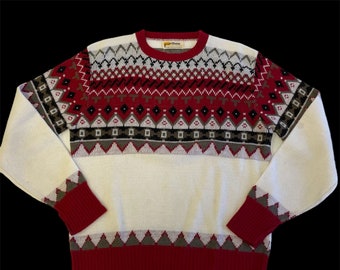 Vintage 70's Puritan Hombres Granate Blanco NORDIC Punto Geométrico FAIR ISLE Suéter 38
