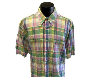 Vintage 90's Alan Flusser Men's Multicolor PLAID Spring 100% LINEN EASTER Shirt Xl