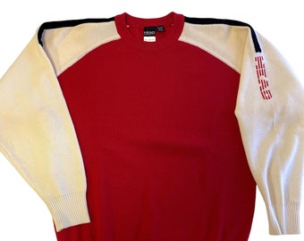Vintage 70&#39;s Head Sportswear Men&#39;s Red Color Block Spell Out Logo Wool SKI Sweater Skiing Winter Sports Shirt L
