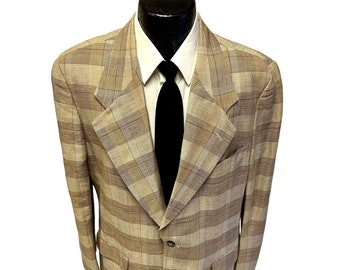 Vintage 70's Men's MoD Sport Coat Khaki Brown PLAID Jacket LINEN DISCO Blazer 44 R