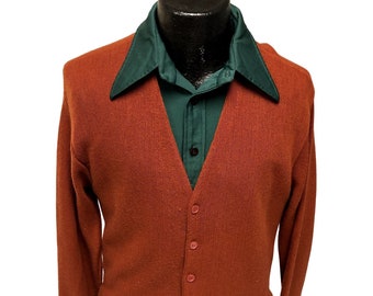 Vintage 60's Sears Kings Road Men MoD COPPER Rust Cardigan Zefran Acrylic KNIT Sweater M