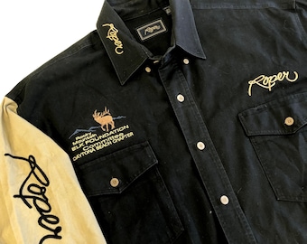 Vintage 80 90&#39;s Roper Black Embroidered Rocky Mountain ELK LODGE Daytona Beach Chapter Cowboy Western BRUSHPOPPER Rodeo Shirt L