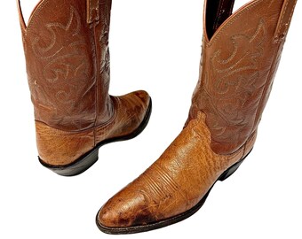 Vintage Dan Post Mujeres COGNAC Cuero Cowboy Western SMOOTH OSTRICH Botas de piel 9.5 1/2 M