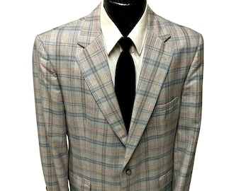 Vintage 70's Botany 500 Men's Silver Sport Coat PINK Blue SHADOW PLAID Jacket MoD Blazer 42 L