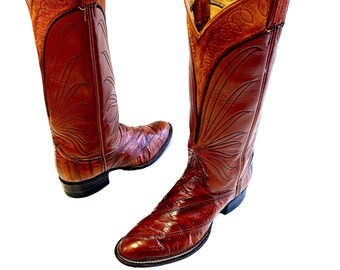 Vintage jaren '70 Tony Lama Black Label Bruin EXOTISCHE HUID Cowboy Western SUÈDE Leer Hoge Rodeo Laarzen 6.5 1/2 D