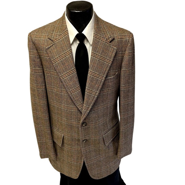 VIntage 70's Valbrook Men's Brown PLAID Sport Coat COPPER OVERCHECK Jacket MoD Wool Blazer 40 L