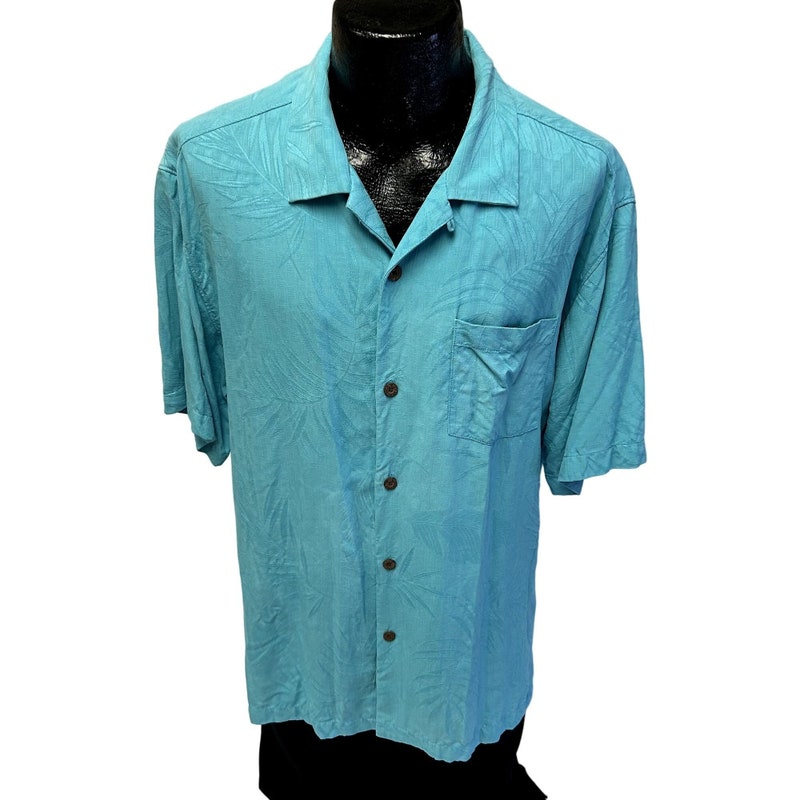 Tommy Bahama short sleeve open collar silk shirt, men's size L silk blue type Vintage Second Hand