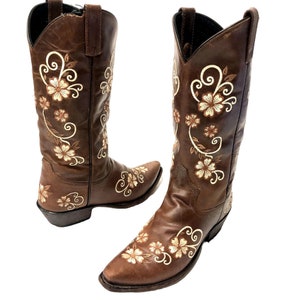 Dames Bruin Leren Cowboy Western Snip Toe TALL Geborduurde BLOEMEN Rijlaarzen 8
