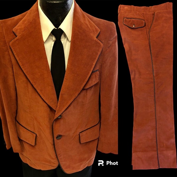 2 pc Vintage 70's La Santa Maria Men COPPER MoD Corduroy Rust DISCO Suit 39 S BELL Bottoms W 32