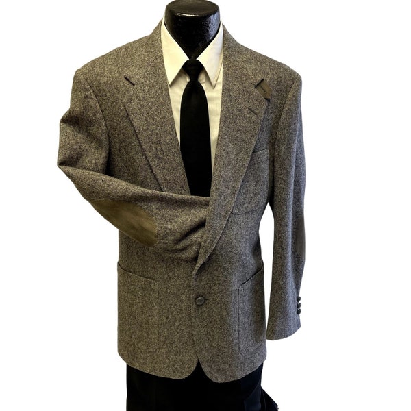 Vintage Stafford Gray Sport Coat SUEDE Elbow Patch Hunting Jacket DONEGAL TWEED Wool Blazer 40 L