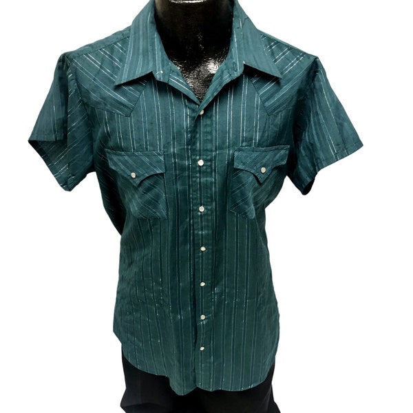 Vintage 80's Ely Cattleman SHINY Green Silver Cowboy Western PEARL SNAP Rockabilly Shirt