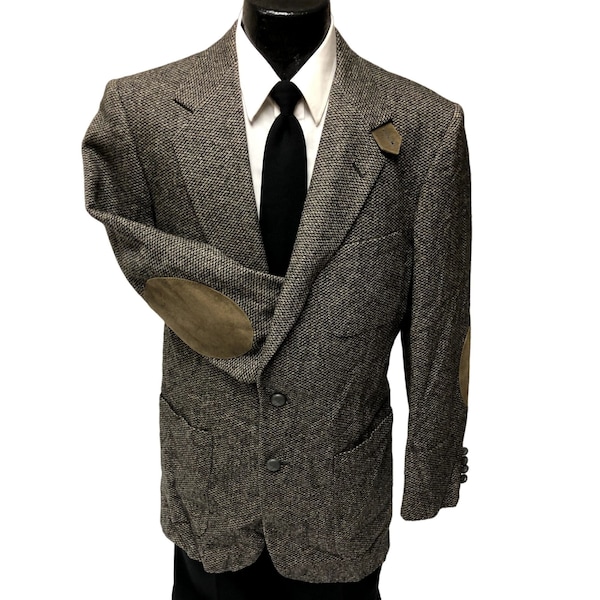 Vintage Stafford Sport Coat Black Gray BARLEYCORN Wool TWEED Jacket LEATHER Elbow Patch Blazer 40 L