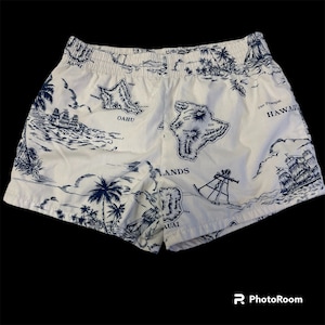 Vintage 80's Hombres Blanco Azul ISLAS HAWAIANAS Mapa Trunks Hawaii SURFER Beach Swim Shorts L