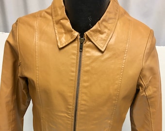 Vintage 90's DP Women Cognac Tan Leather Casual Cafe Racer Coat MoTo Biker Jacket 10