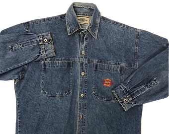 Vintage 80-90&#39;s World PEPE Service Men Blue Jean Streetwear Denim HiP Hop Logo Baggy Work Chore Shirt L XL