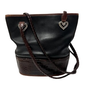 Vintage 90er Brighton Schwarz Leder Handtasche Braun ALLIGATOR Print HEART CONCHO Geldbörse