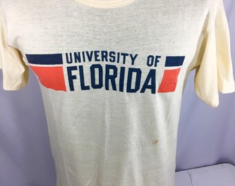 Vintage 70's University of Florida GATORS College Beige ULTRA Thin SOFT Spellout 50/50 T-Shirt S/M