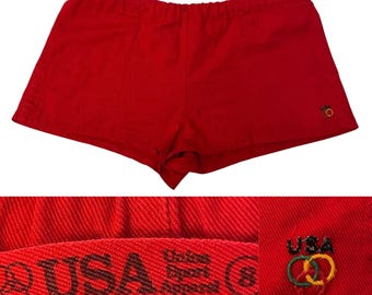 Vintage 70er 80er USA Olympiade Union Sport Bekleidung Ausgestellt Rot GABARDINE Athletic Shorts 34