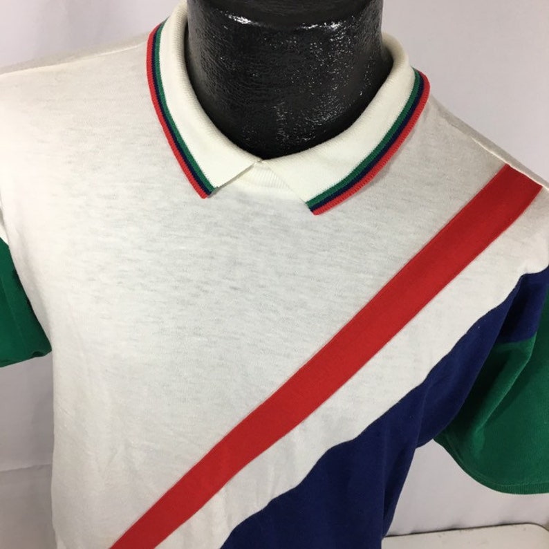 Vintage 80/'s Jantzen Men White Red Blue Stripe Boxy Tennis Polo Pullo Over Shirt L