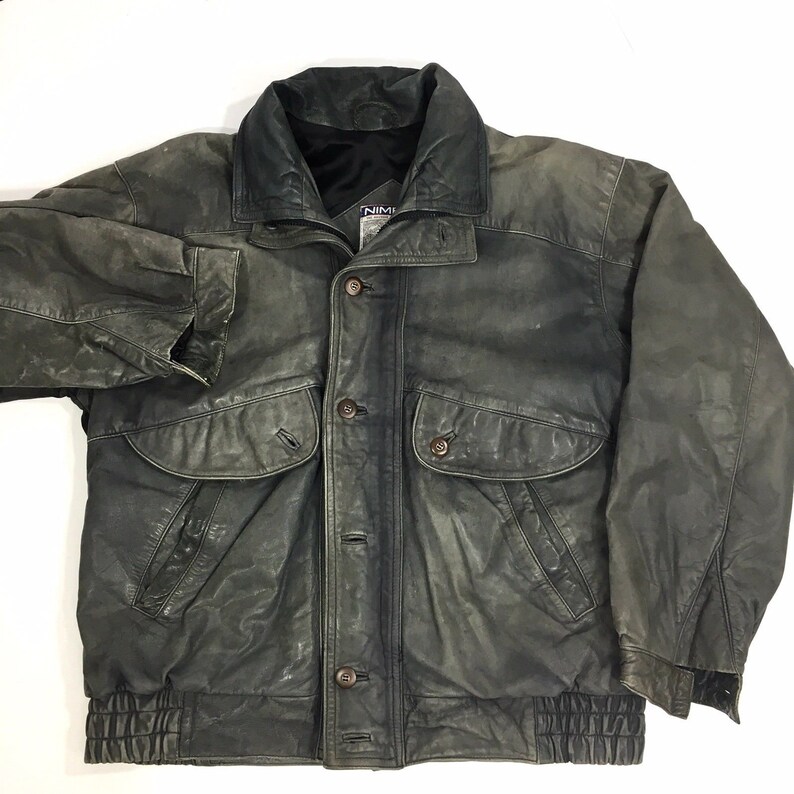 Vintage 80's Nimbus GANT Men Gun Metal Black Leather BOMBER Jacket ...
