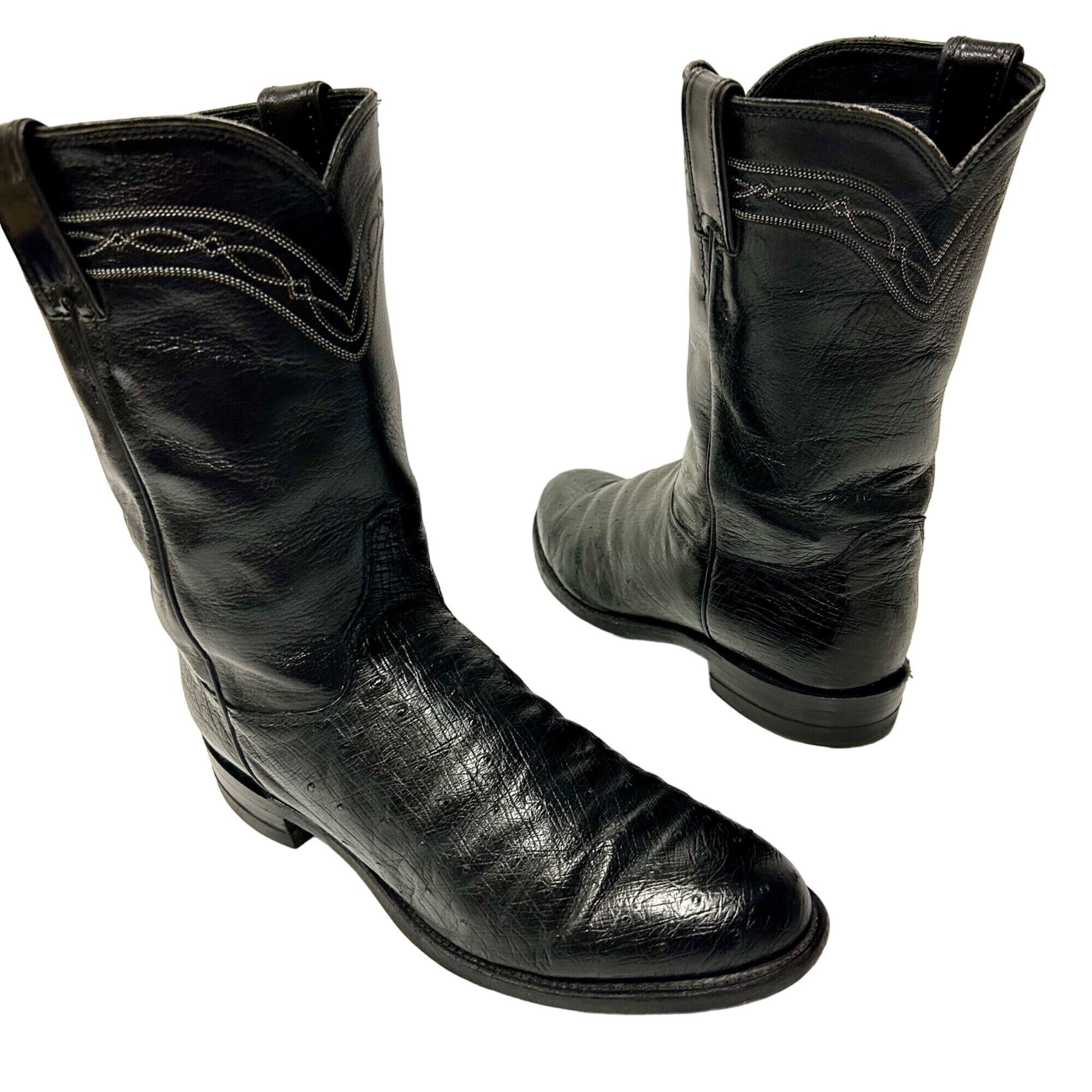 Vintage Justin Men Black SMOOTH OSTRICH Skin Cowboy Western 