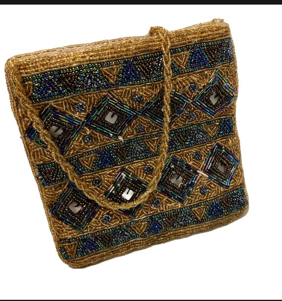 Vintage 50 60’s Gold GLASS Beaded Hand Bag GEOMET… - image 1