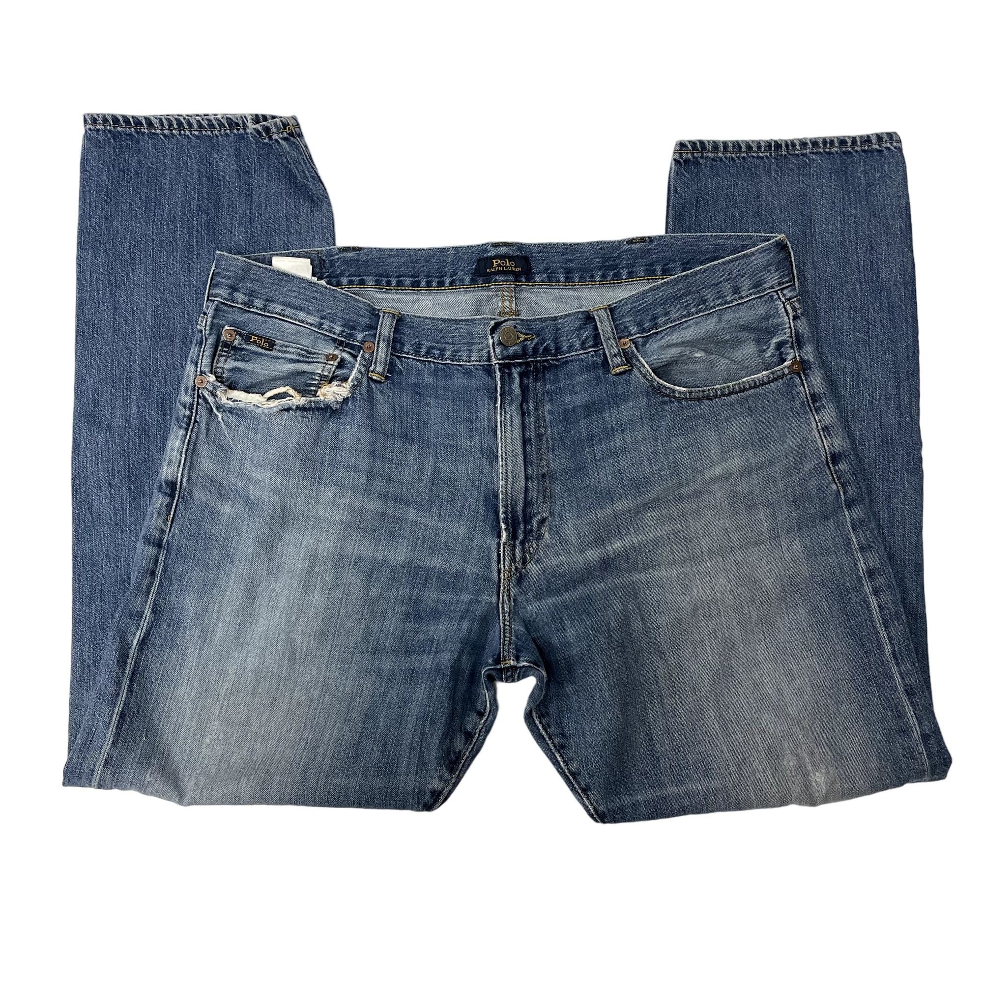 Vintage Y2K Polo Ralph Lauren Men's Blue Jeans DISTRESSED Denim