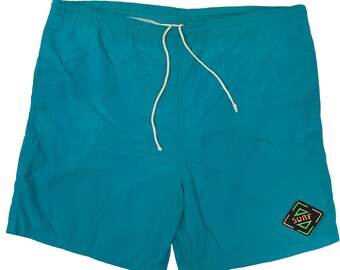 Vtg 80 90's SURF GEAR Hombres Aqua Blue Nylon Swim Trunks Beach Board Shorts M 32-34