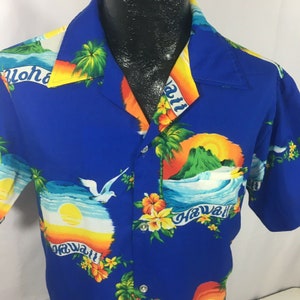 Vintage 80&#39;s Shoreline Hawaii Men&#39;s Blue Hawaiian Tropical ISLAND Beach SUNSET Camp Shirt ALOHA M