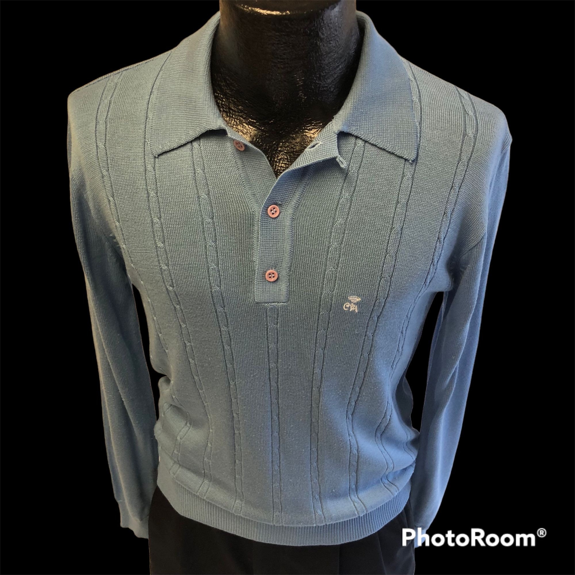 Vintage 50 60's Countess Mara LOGO Men Sky Blue ROCKABILLY Panel LOOP Collar Sweater M