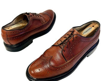 Vintage 60's Sears Men's COGNAC Pebbled Leather Dredd Shoe Long Wing Tip Oxfords BROGUES 9.5 1/2 D
